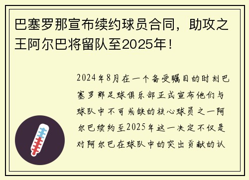巴塞罗那宣布续约球员合同，助攻之王阿尔巴将留队至2025年！