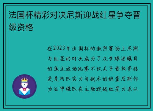 法国杯精彩对决尼斯迎战红星争夺晋级资格