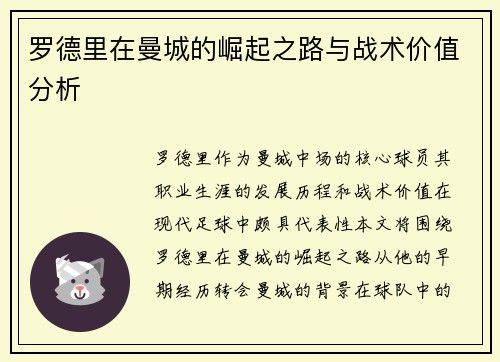 罗德里在曼城的崛起之路与战术价值分析