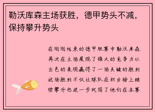 勒沃库森主场获胜，德甲势头不减，保持攀升势头