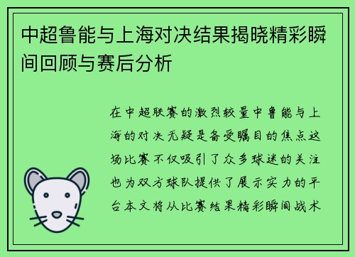 中超鲁能与上海对决结果揭晓精彩瞬间回顾与赛后分析