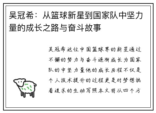 吴冠希：从篮球新星到国家队中坚力量的成长之路与奋斗故事