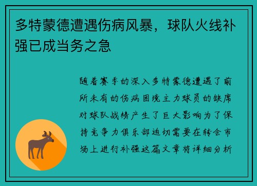多特蒙德遭遇伤病风暴，球队火线补强已成当务之急