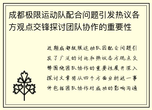 成都极限运动队配合问题引发热议各方观点交锋探讨团队协作的重要性