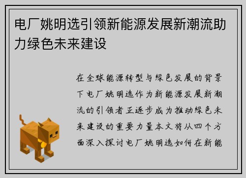 电厂姚明选引领新能源发展新潮流助力绿色未来建设