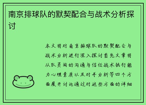 南京排球队的默契配合与战术分析探讨