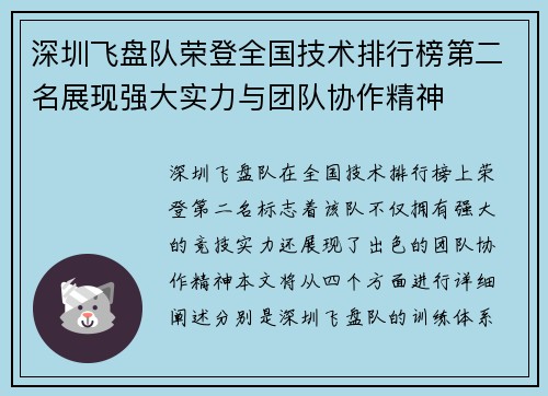 深圳飞盘队荣登全国技术排行榜第二名展现强大实力与团队协作精神
