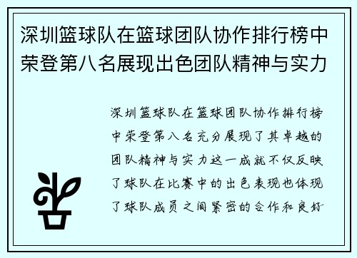 深圳篮球队在篮球团队协作排行榜中荣登第八名展现出色团队精神与实力