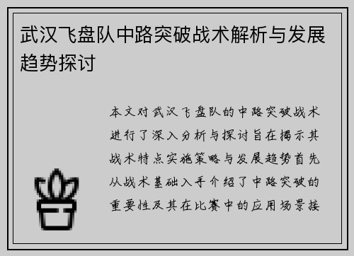 武汉飞盘队中路突破战术解析与发展趋势探讨