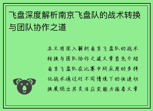 飞盘深度解析南京飞盘队的战术转换与团队协作之道