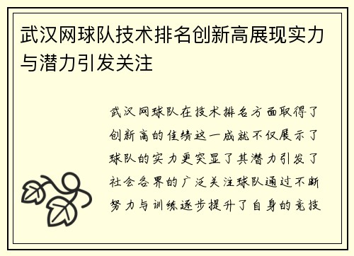 武汉网球队技术排名创新高展现实力与潜力引发关注